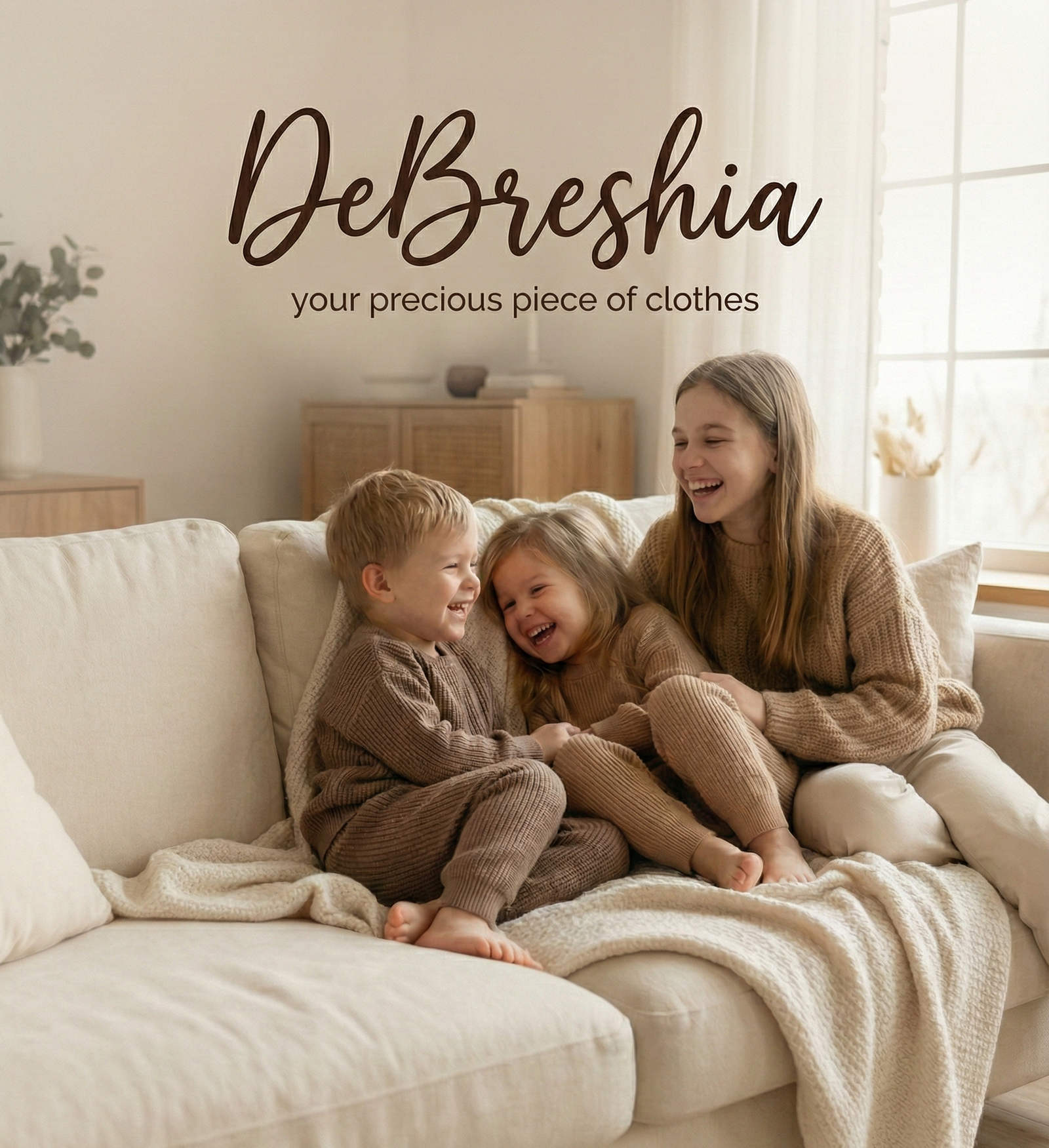Children sitting on a couch wearing from 'DeBreshia' 
